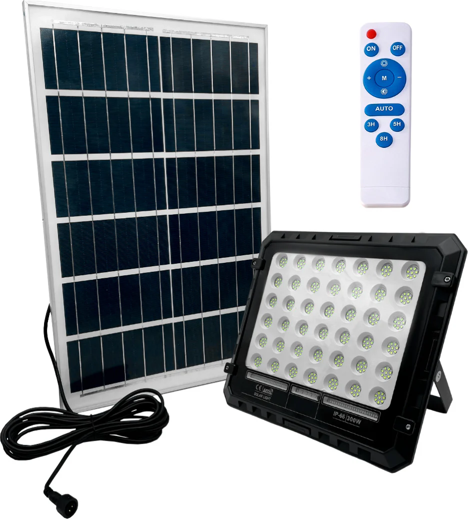 Faro LED con pannello solare, proiettore nero e pannello fotovoltaico con telecomando