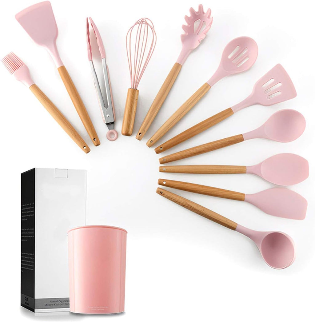 Utensili da cucina rosa in silicone con manici in legno, assortimento