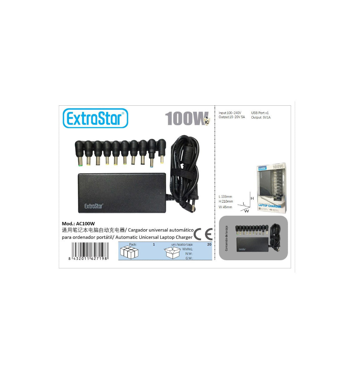Caricabatterie universale per laptop Extrastar 100W con connettori e cavo nero