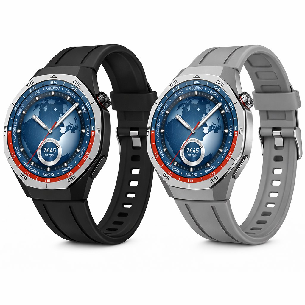 Smartwatch con cinturino nero in silicone e quadrante azzurro con grafica sport