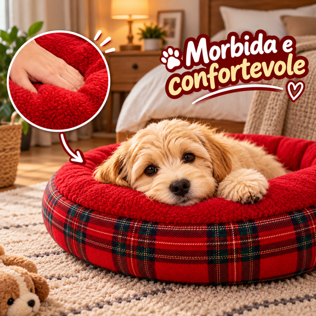 Cuccia rotonda rossa in tessuto morbido, bordo tartan con cane sdraiato