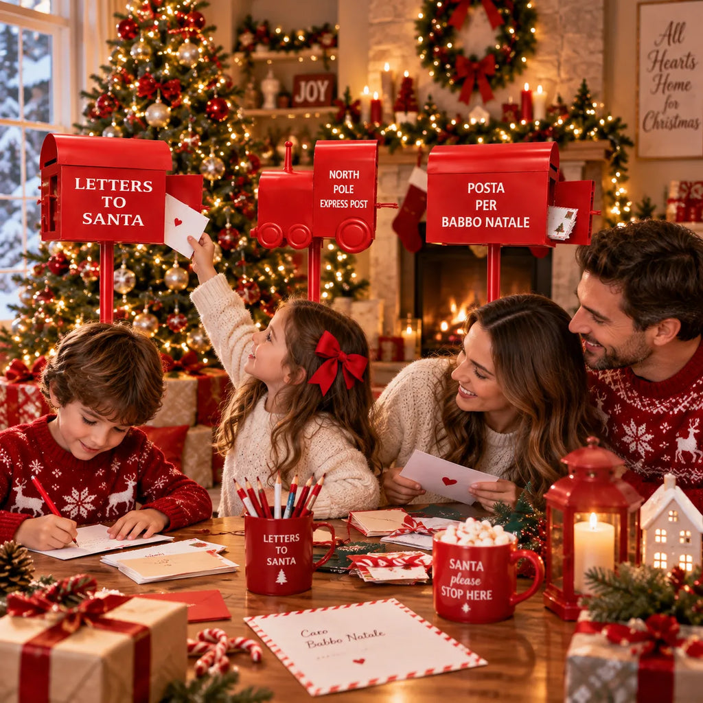 Tre cassette postali natalizie rosse: LETTERS TO SANTA, NORTH POLE, POSTA PER BABBO NATALE