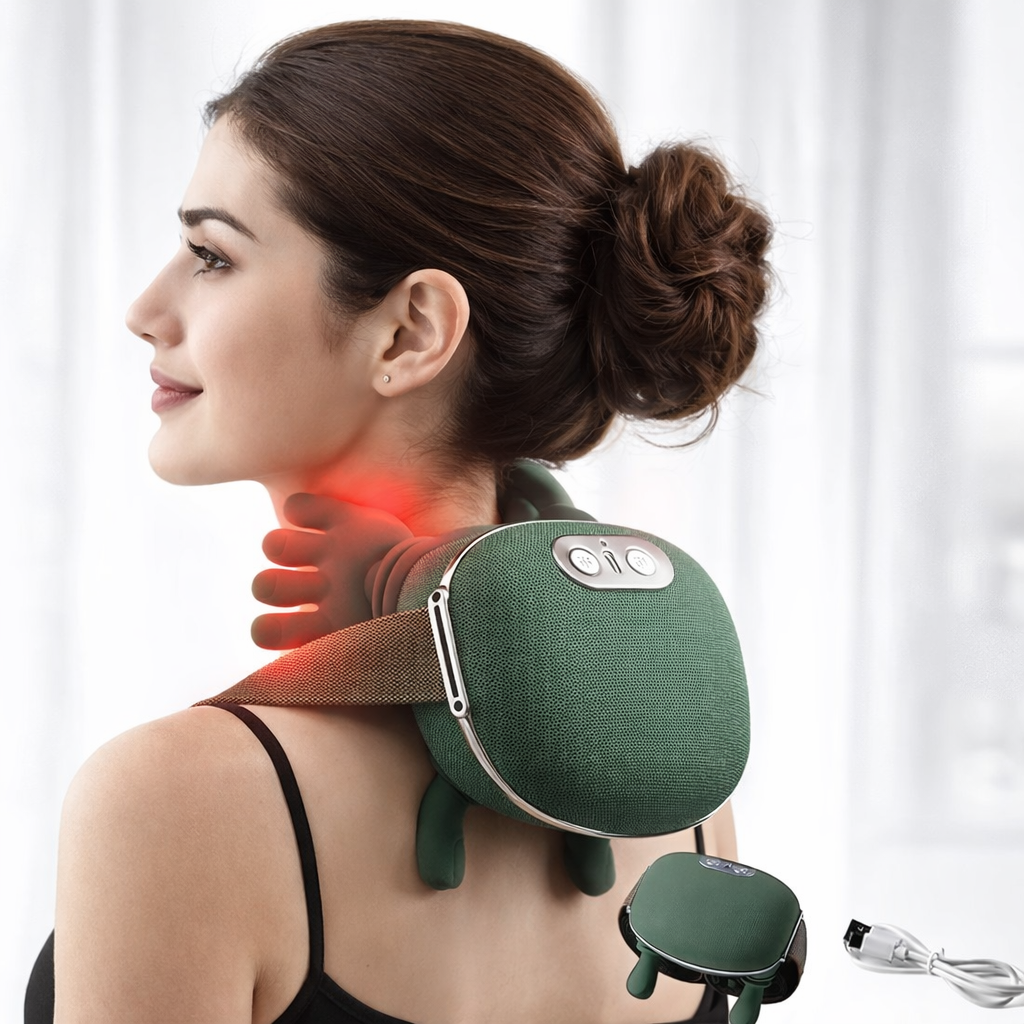Massaggiatore schiena e collo verde con testine vibranti e fascia in pelle marrone