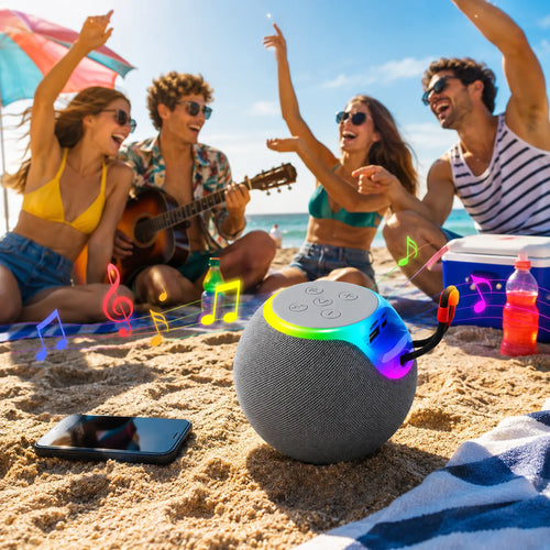 Cassa Bluetooth portatile grigia con controlli superiori e luci RGB multicolore, cavo rosso