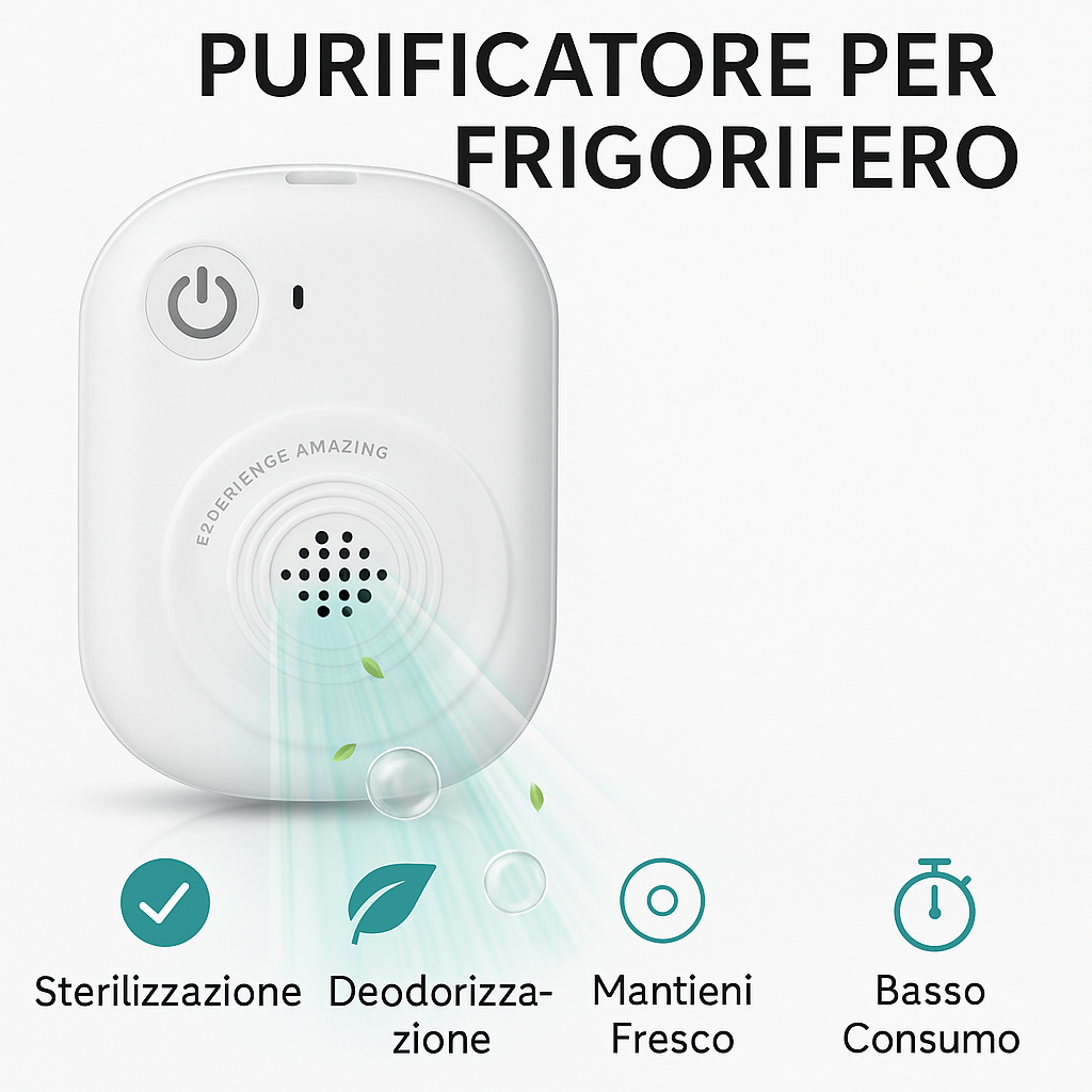 Mini purificatore d’aria per frigorifero bianco con griglia forata e tasto di accensione