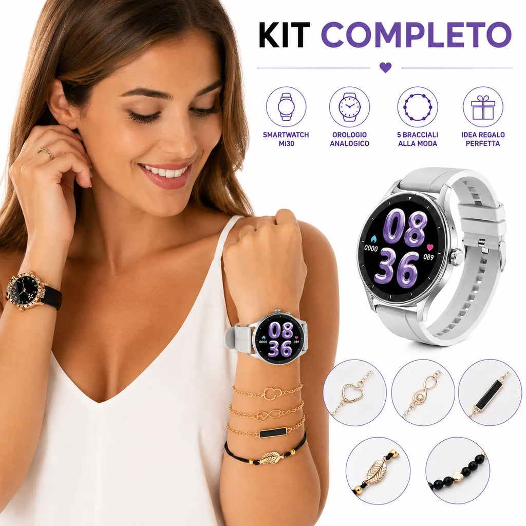 Kit smartwatch Beauty Miss Mi30 con cinturino grigio e bracciali, quadrante viola visibile