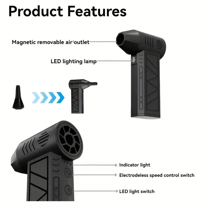 Mini ventilatore turbo jet nero con indicatore LED e ugello magnetico