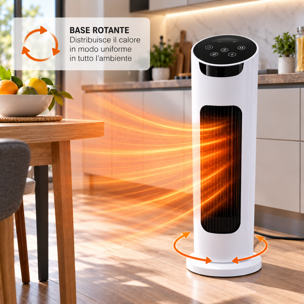 Stufa elettrica verticale bianca con base rotante e flusso di calore diffuso.