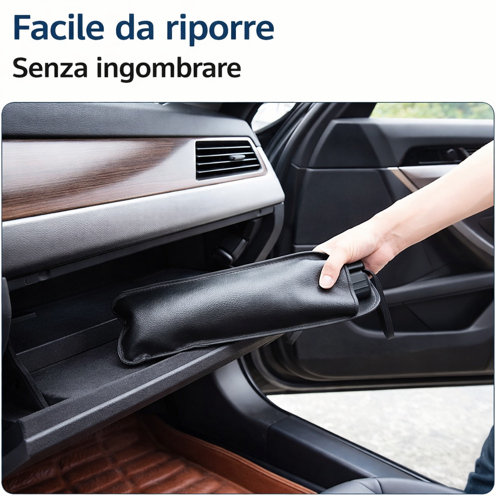 Parasole auto pieghevole a ombrello nera, inserita in astuccio con cinghia