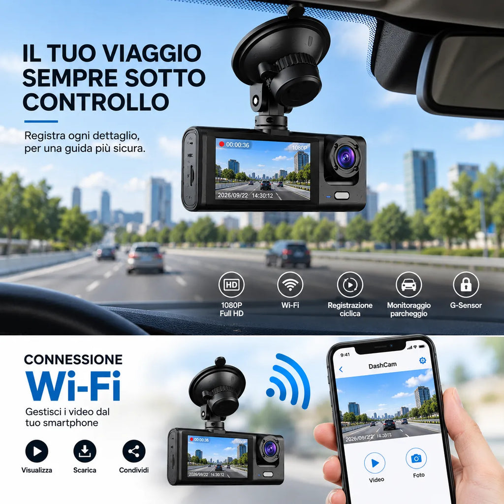 Dash cam auto Wi‑Fi Full HD con display e connessione allo smartphone