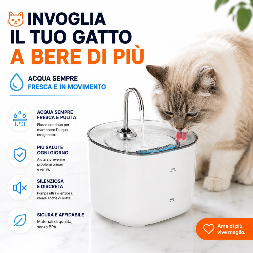 Fontana bianca con beccuccio metallico e vasca trasparente, gatto che beve