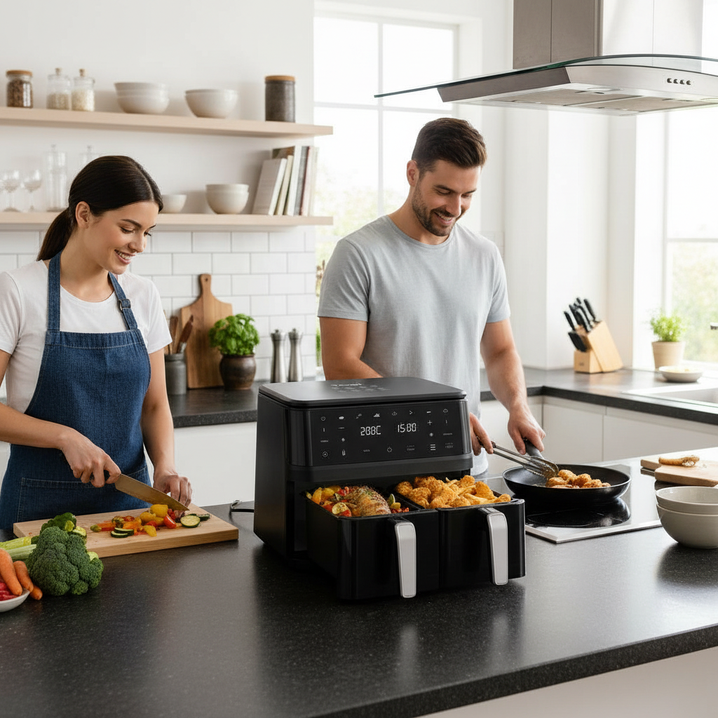 Friggitrice ad aria dual zone nera con due cestelli aperti e cibi pronti, comandi LED.