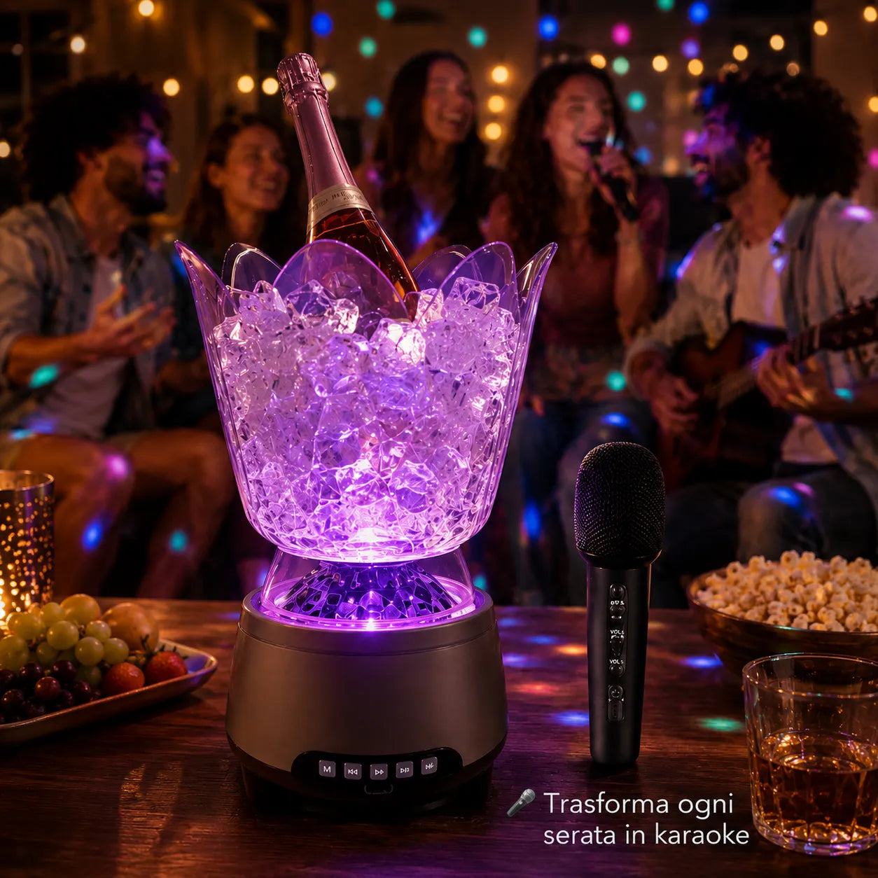 Altoparlante secchiello ghiaccio RGB con microfono, luce LED viola su base.