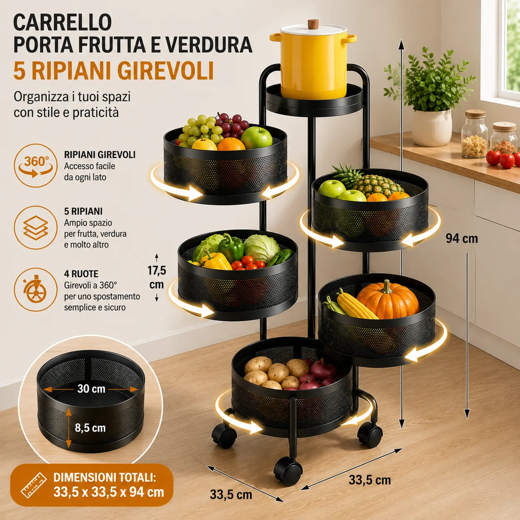 Carrello frutta e verdura a 5 ripiani girevoli con cestelli neri e 4 ruote.