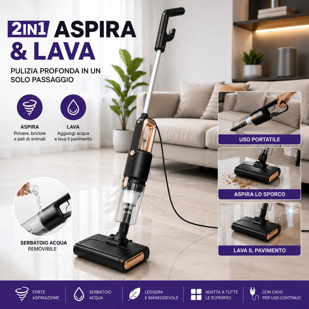 Scopa Elettrica Aspirapolvere con Filo Aspira e Lava 2 in 1 Portatile Mop con Serbatoio Acqua