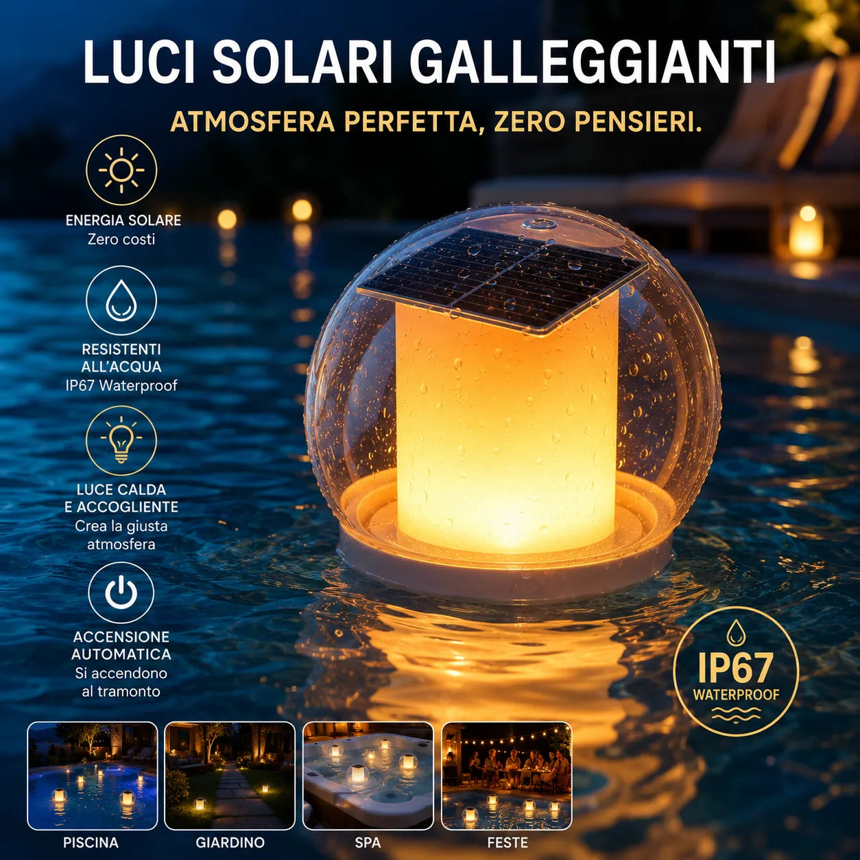 Lampada galleggiante LED solare impermeabile con sfera trasparente e luce calda