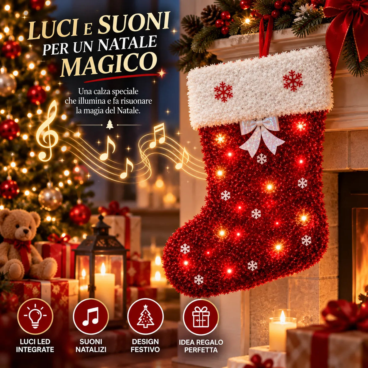 Calza di Natale rossa e bianca con fiocchi di neve, luci LED e fiocco centrale