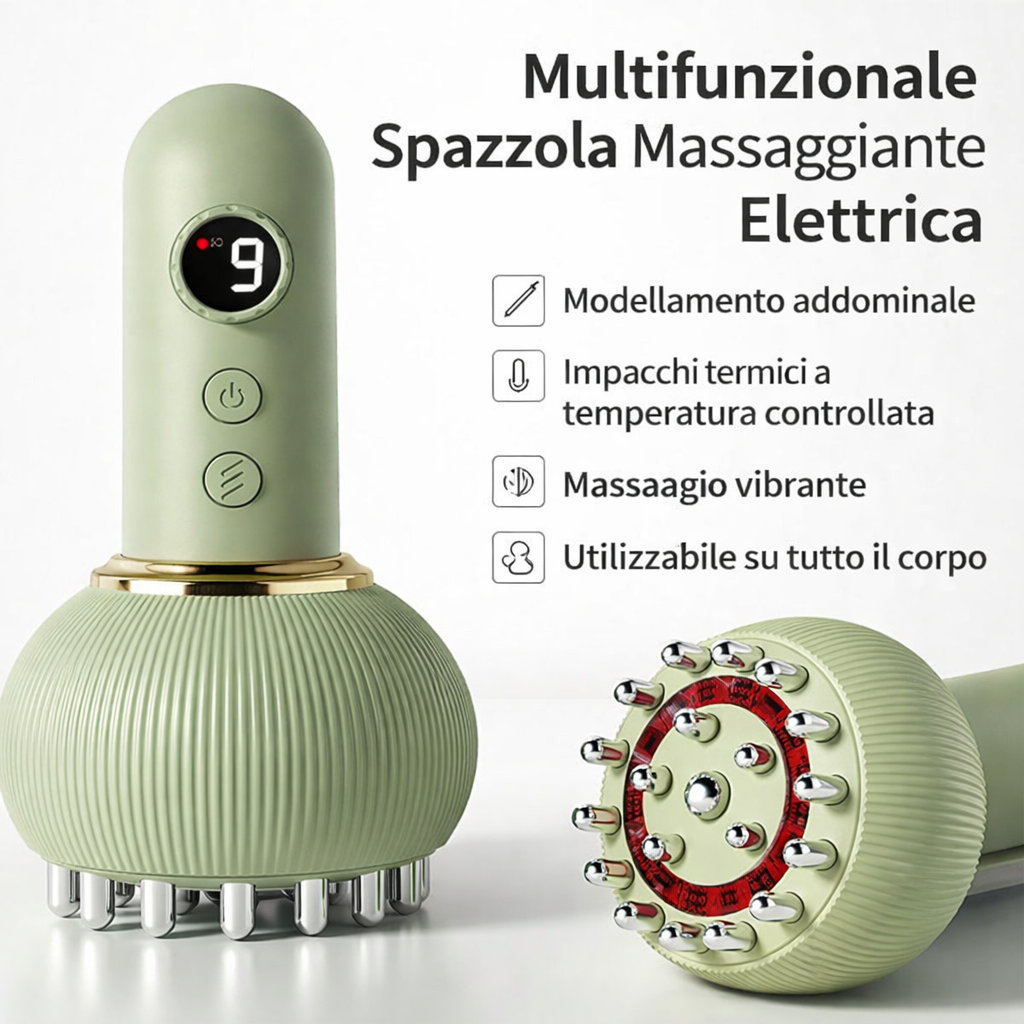 Massaggiatore elettrico verde con testina a rulli metallici e comandi