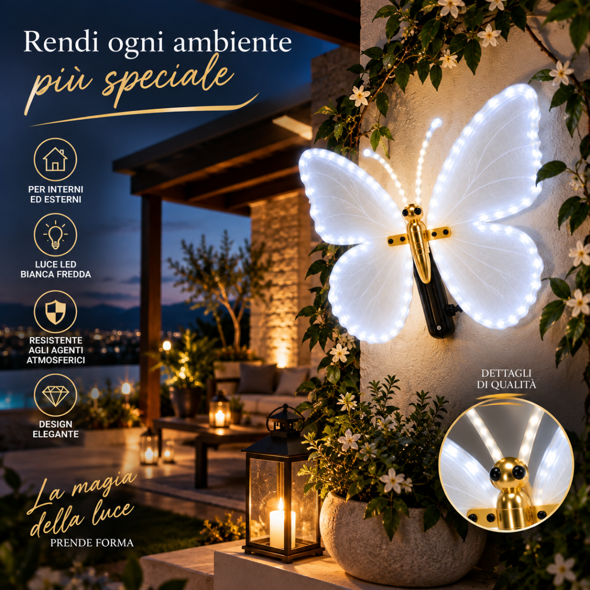 Decorazione natalizia a farfalla LED: farfalla singola con ali bianche, corpo dorato, supporto nero