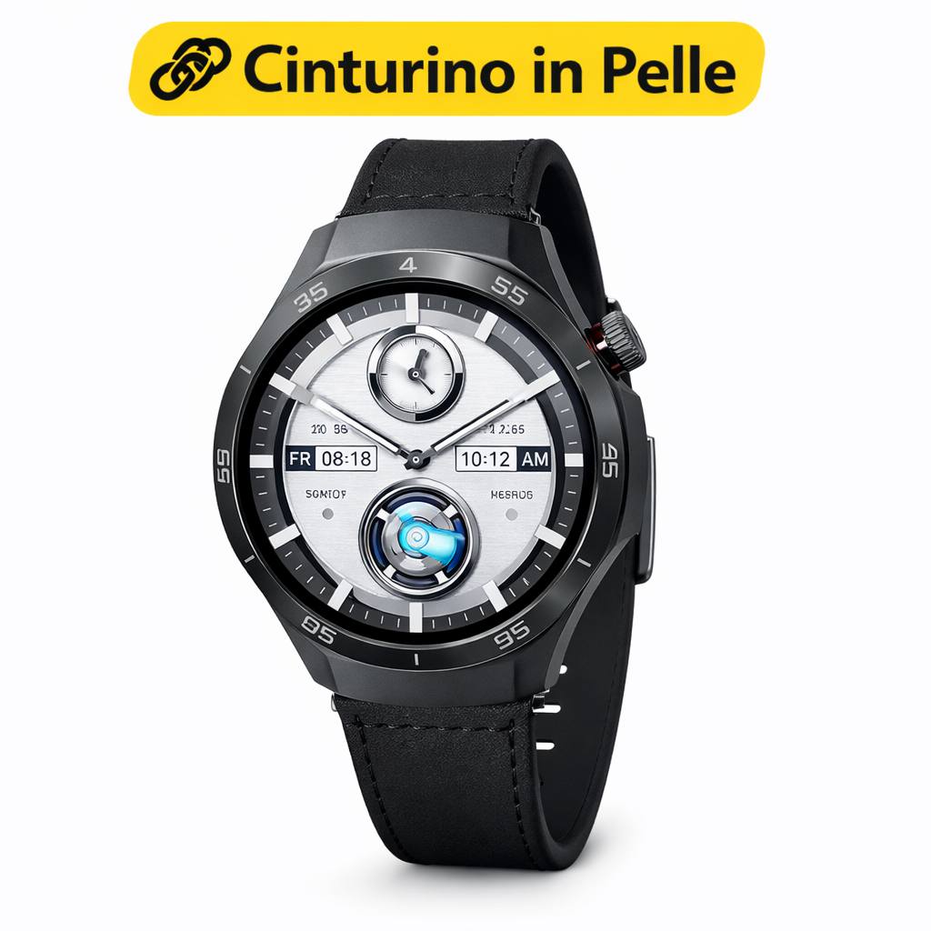 Smartwatch con cinturino in pelle nera e quadrante con orario e animazione