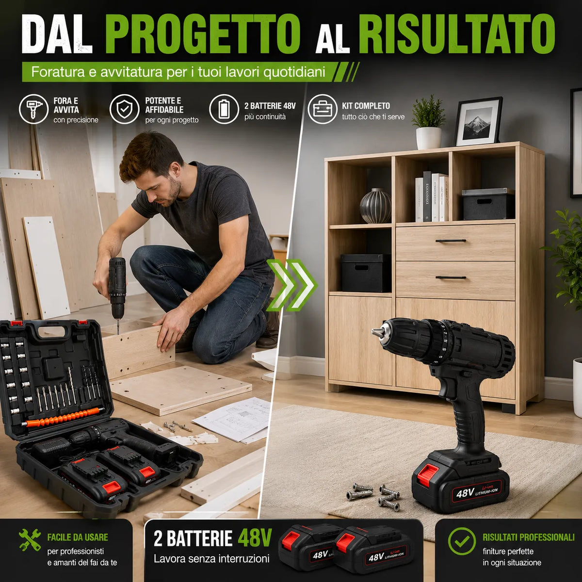 Kit avvitatore 48V con valigetta e trapano in mano, usato per foratura su legno