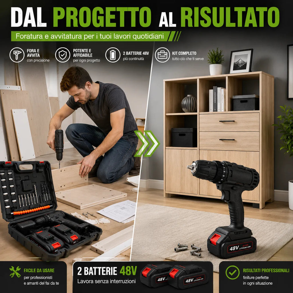 Trapano Avvitatore a Batteria 48V con Percussione – Kit Completo con 2 Batterie e Valigetta