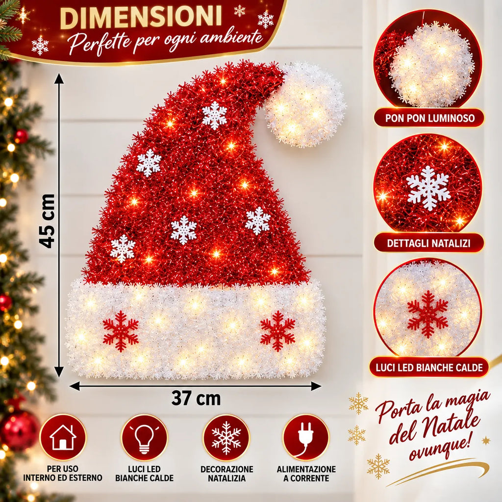 Cappello di Babbo Natale LED rosso e bianco, 45×37 cm, con fiocchi di neve