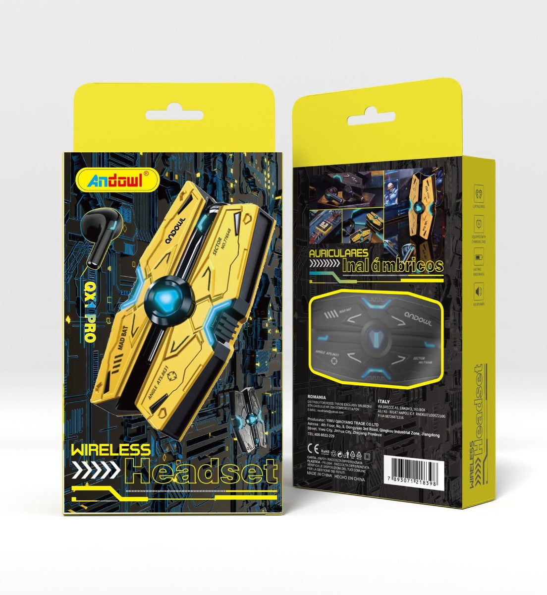 Confezione auricolari wireless mecha gialla e nera con diagrammi e custodia