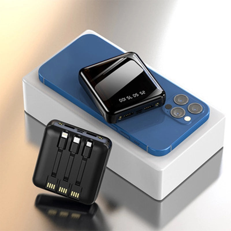 Power bank compatto blu con display LED e connettori USB integrati