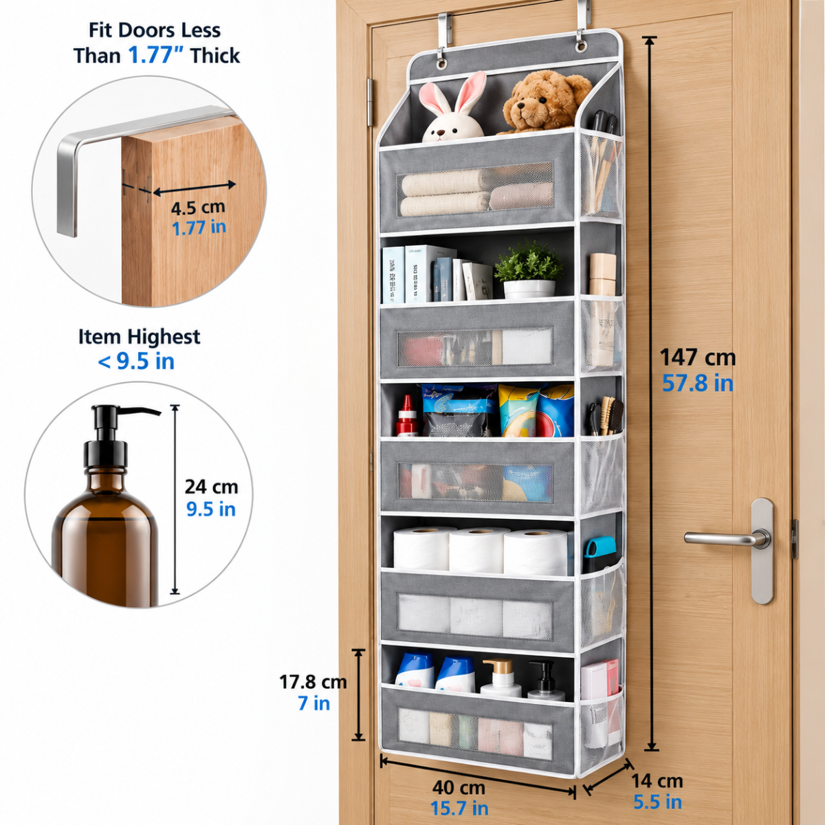 Organizer da porta sospeso in rete grigia, 10 tasche e 5 scomparti frontali