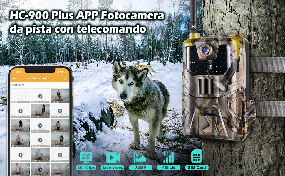 Fototrappola mimetica in ambiente innevato, con telecomando e app su smartphone