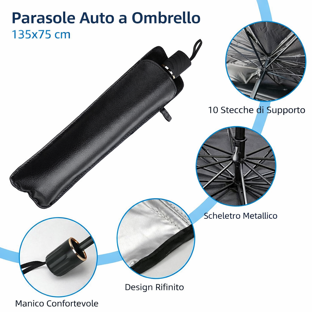 Parasole auto a ombrello nero con astuccio imbottito e impugnatura, 10 stecche