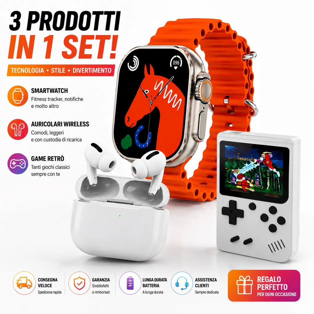 Kit smartwatch arancione con cassa cuffie TWS bianche e mini console di gioco portatile bianca