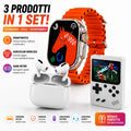 Kit smartwatch arancione con cassa cuffie TWS bianche e mini console di gioco portatile bianca