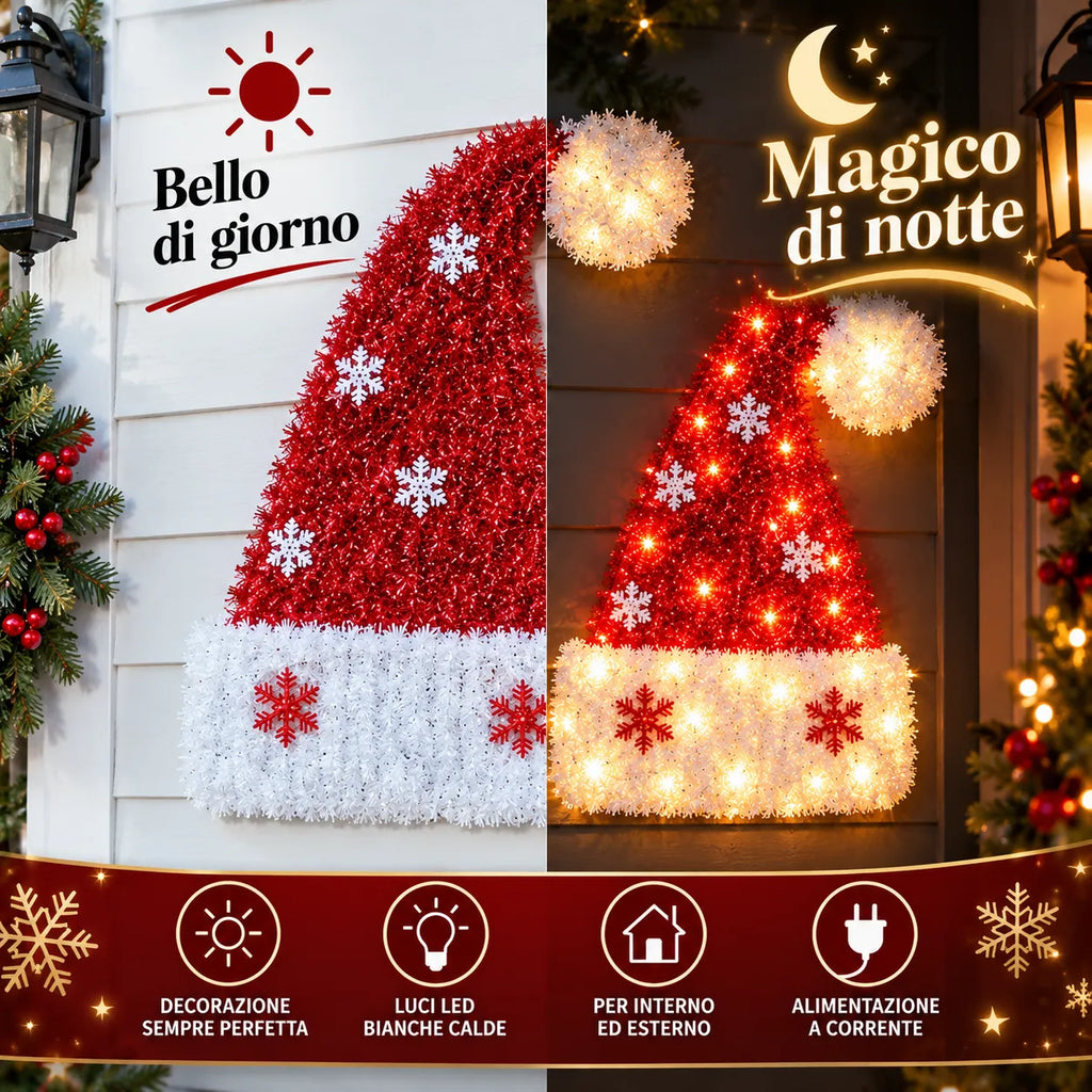 Cappello di Babbo Natale LED rosso con bordo bianco e fiocchi di neve accesi