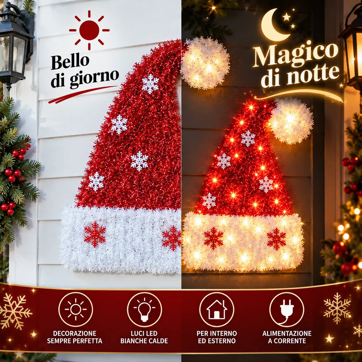 Cappello di Babbo Natale LED rosso con bordo bianco e fiocchi di neve accesi