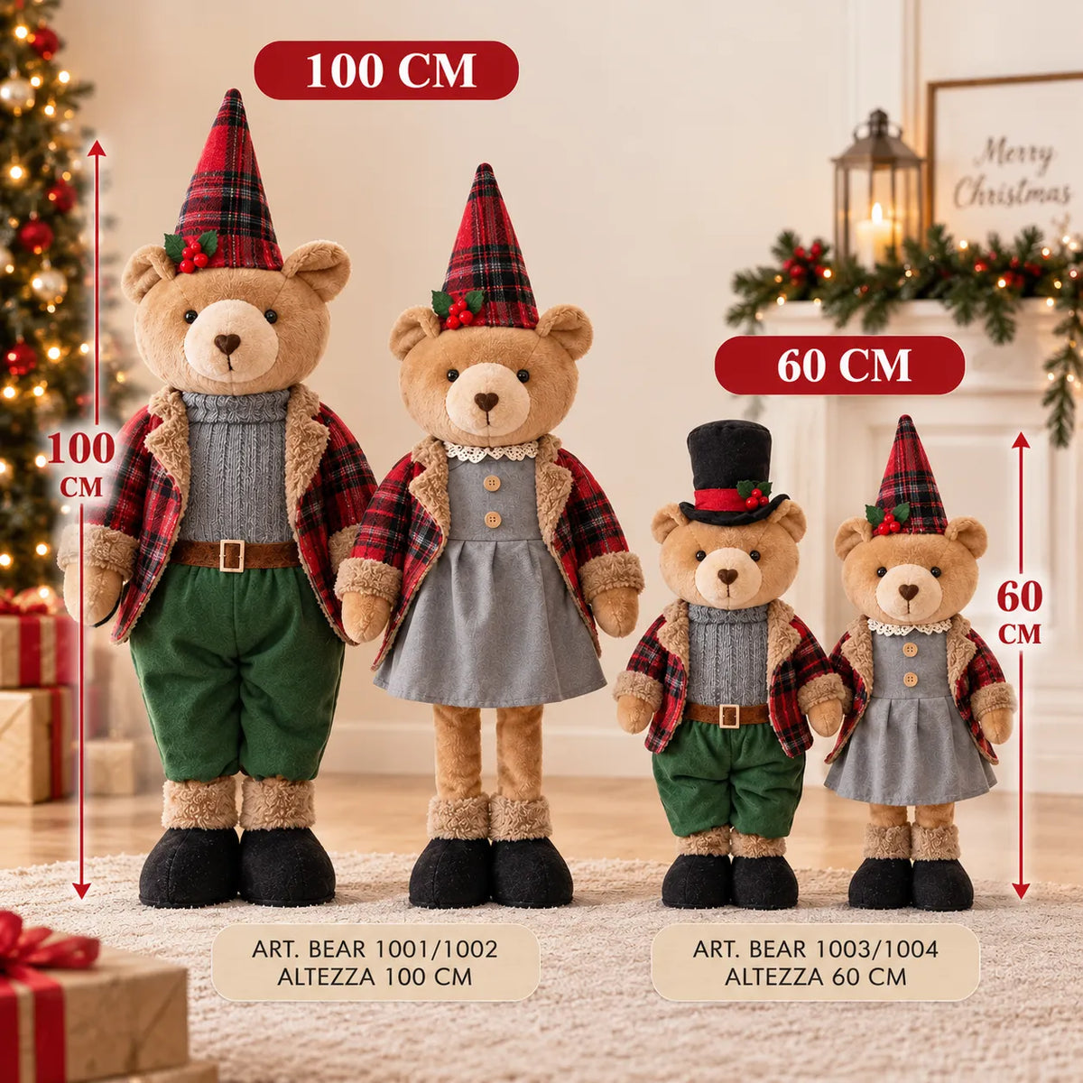 Set orsetti natalizi decorativi in tessuto con misure 60/100 cm, quattro figure
