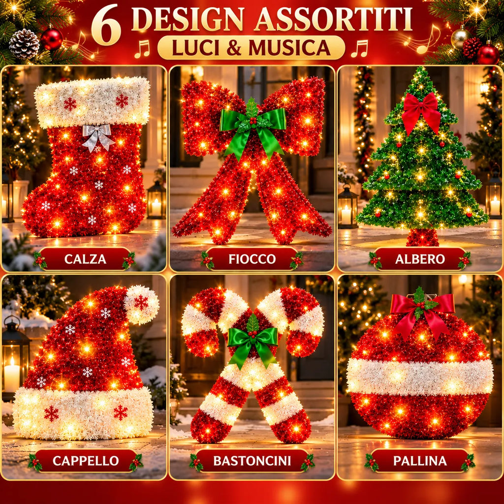 Set 6 decorazioni natalizie LED con musica: calza, fiocco, albero, cappello, bastoncini, pallina.