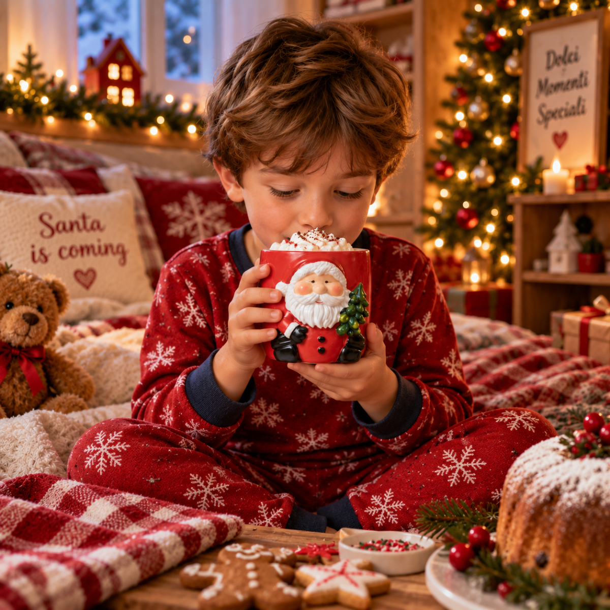 Tazza natalizia con Babbo Natale decorato e cappello rosso