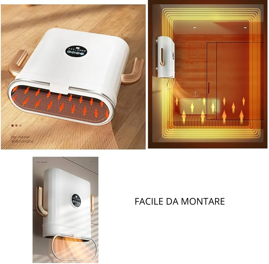 Termoconvettore elettrico a parete bianco con fessure di ventilazione e tubi dorati