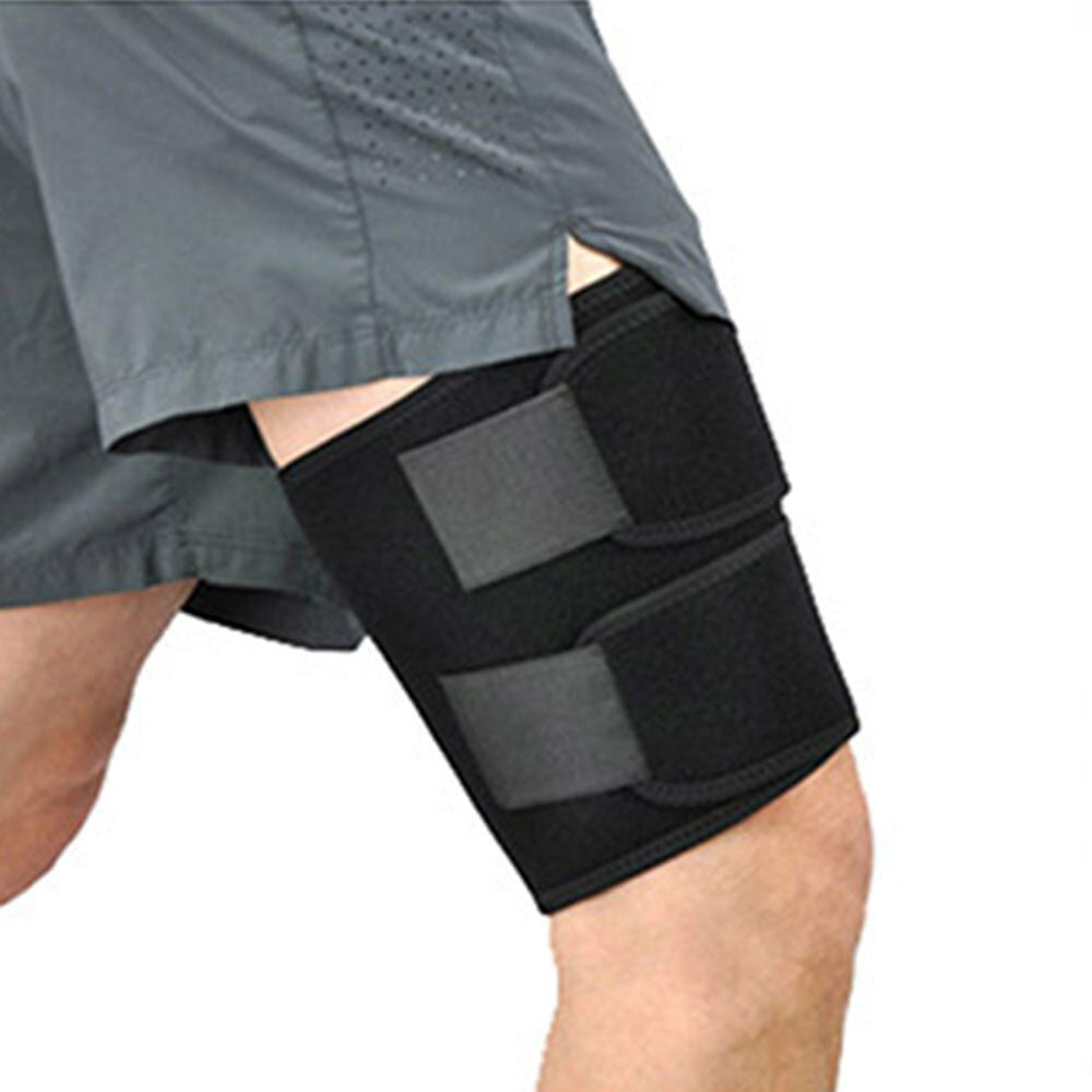 Fascia compressione coscia in neoprene nera con due pannelli grigi a strappo