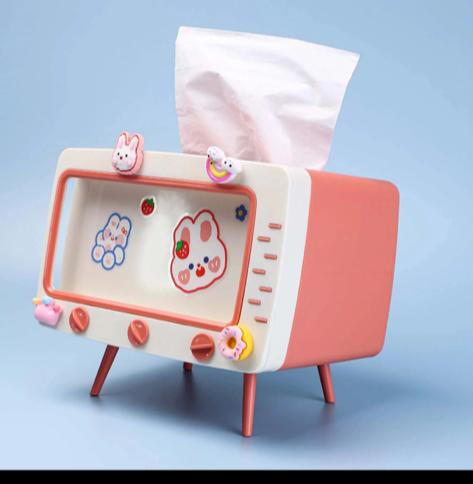 Porta fazzoletti a forma di TV rosa e bianco, aperture laterali e fazzoletto in alto
