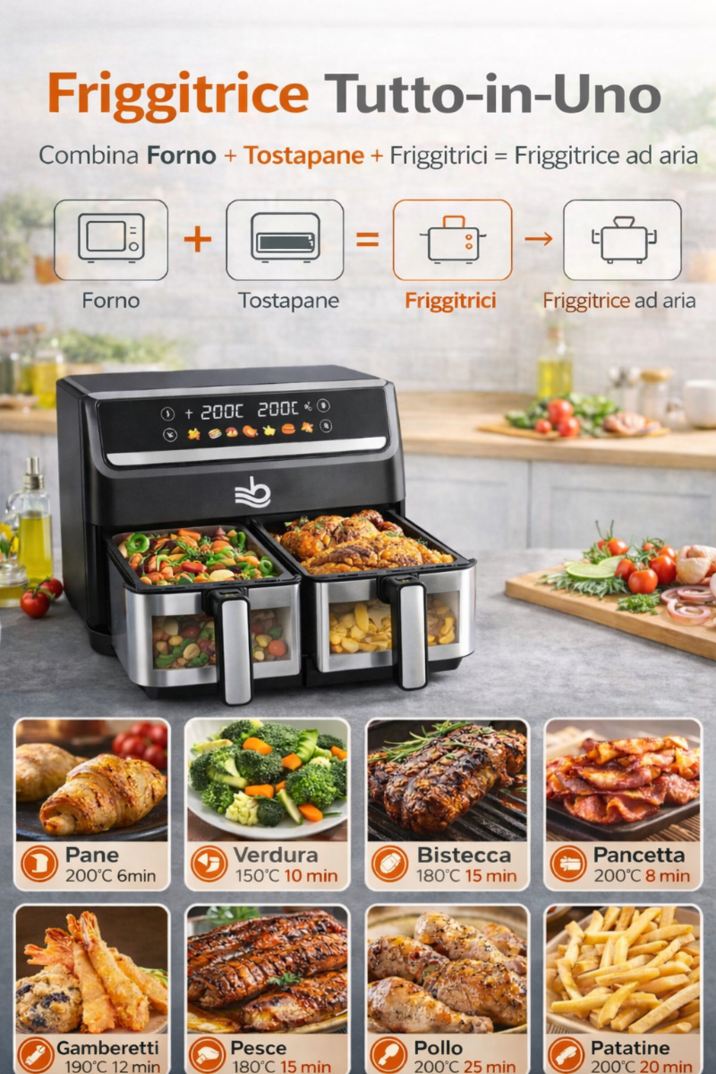 Friggitrice ad aria con due cestelli, sportello aperto e pannello comandi nero