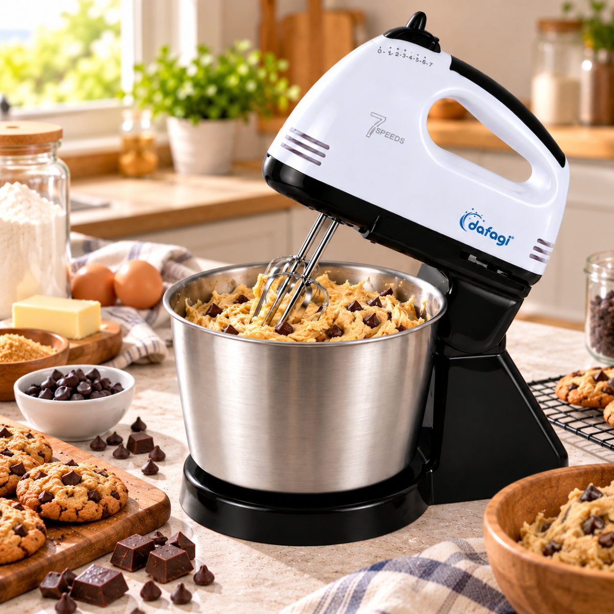 Sbattitore elettrico bianco/nero con ciotola inox e fruste metalliche, impasto in ciotola.