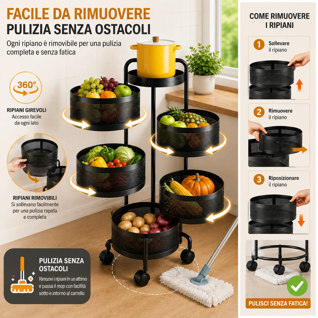 Carrello frutta e verdura con cestelli neri removibili e 5 ripiani girevoli su ruote.