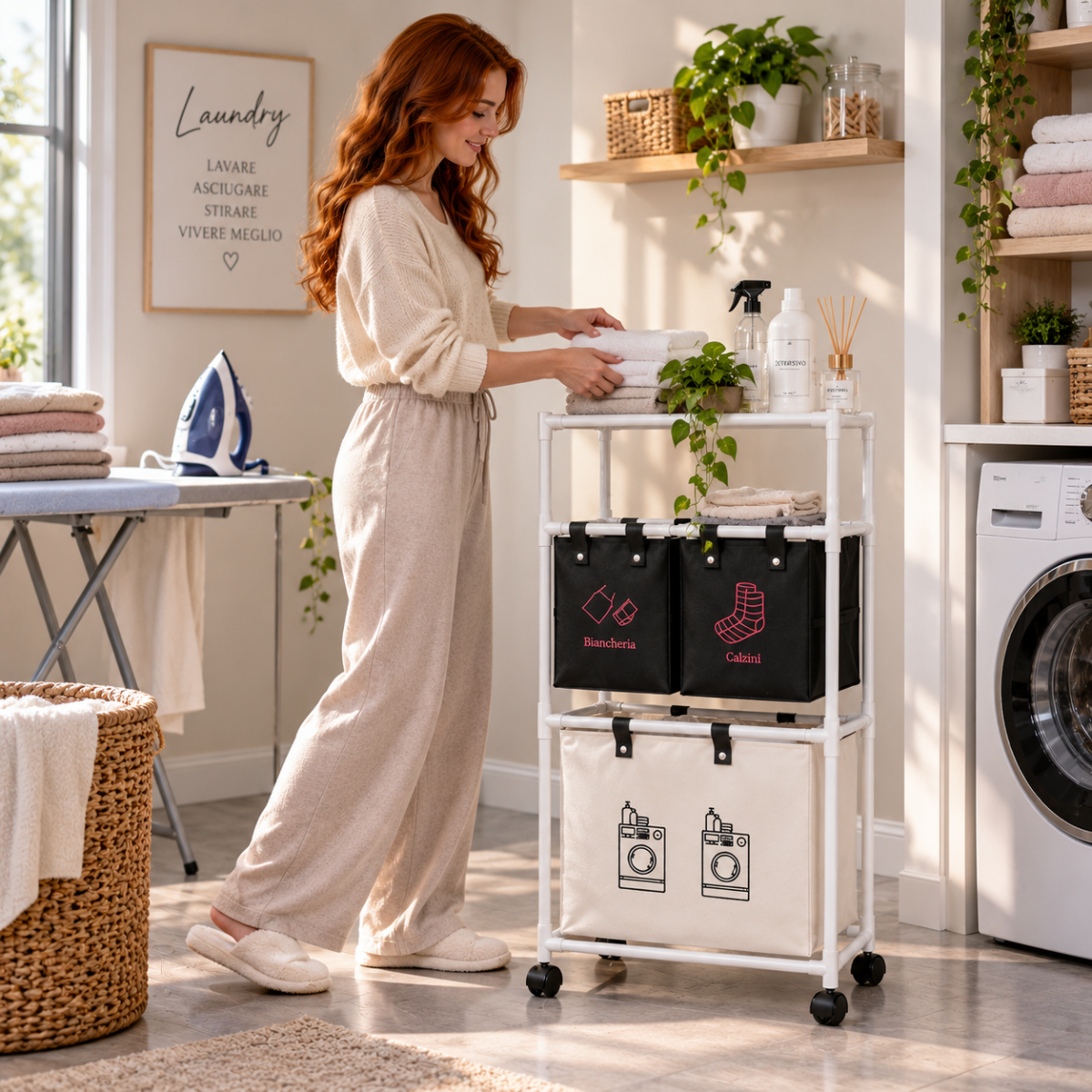 Carrello organizer per bucato con struttura bianca, 3 sacche e ruote, ripiano superiore