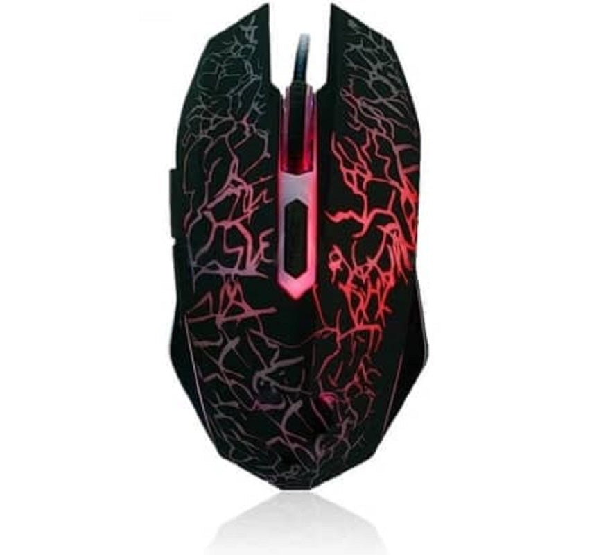 Mouse gaming ottico retroilluminato visto dall’alto, motivo rosso su scocca nera