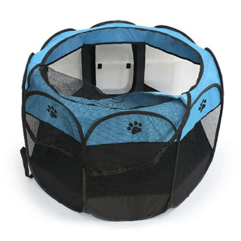 Cuccia pieghevole per animali con ingresso superiore aperto e struttura blu e nera