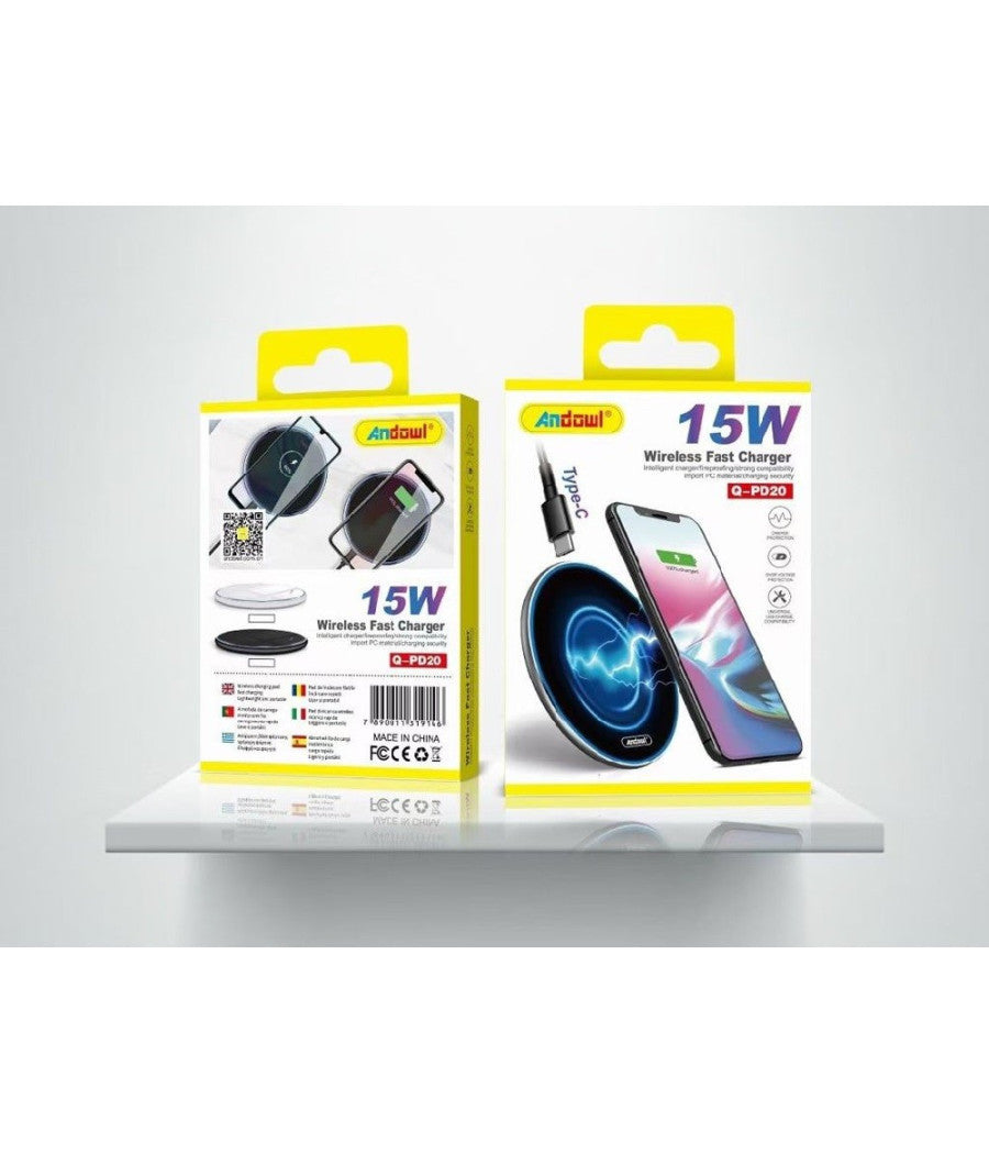 Caricatore wireless 15W Anndowl Q-PD20 con due confezioni.