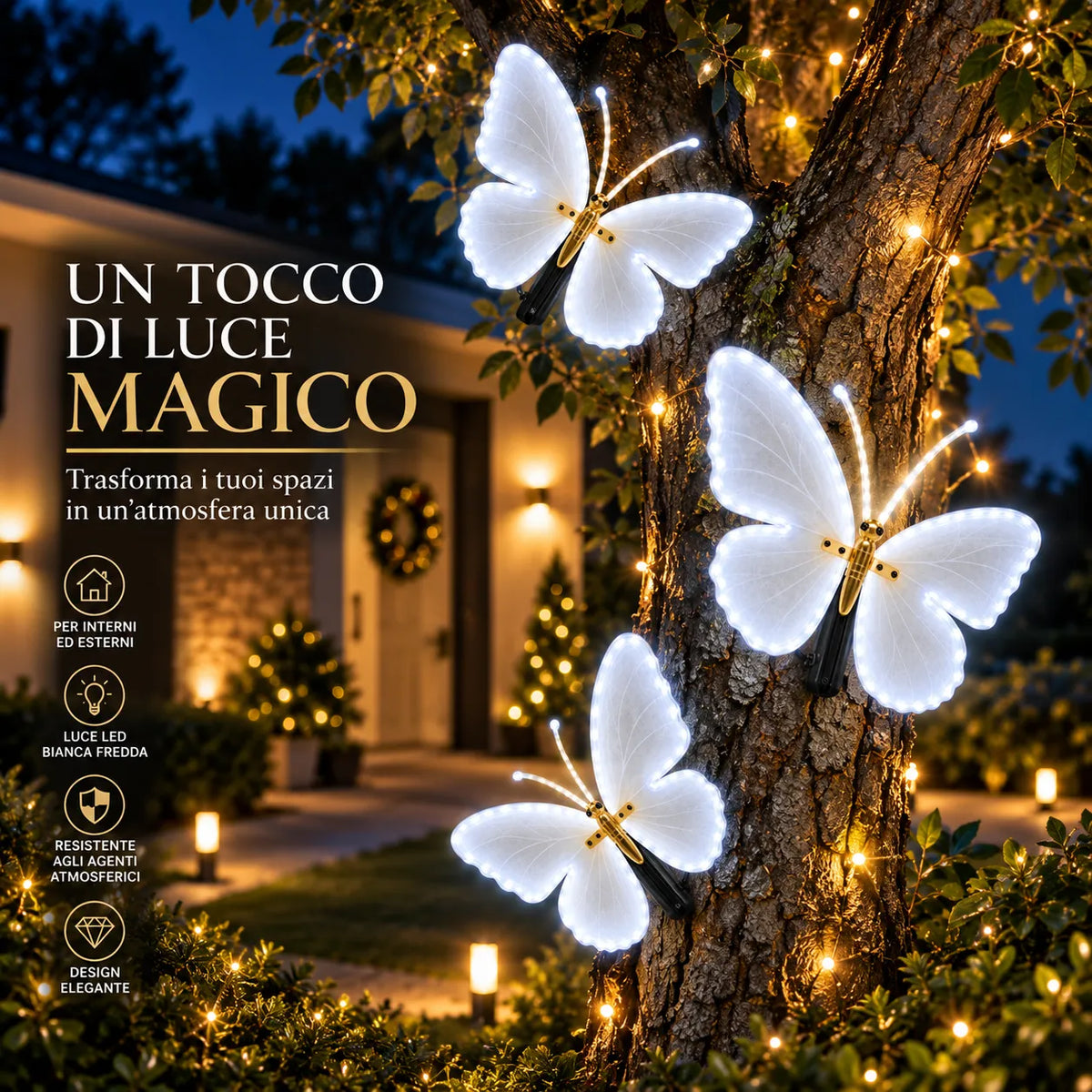 Decorazione natalizia a farfalle LED: tre farfalle con ali bianche su supporti neri